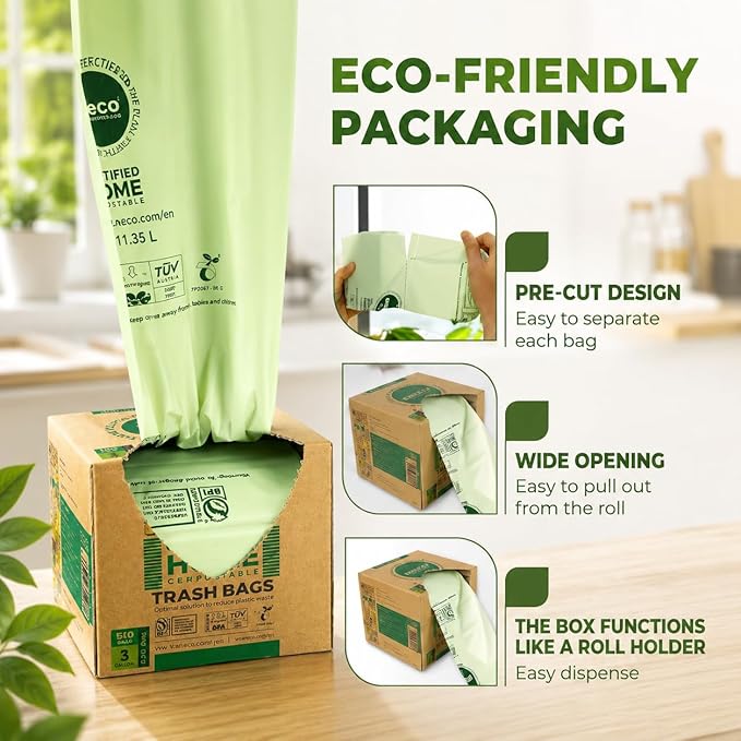 ANECO 100% Compostable Food Waste Bags 3 Gallon, 100 Count, Extra Thick Compost Bags for Countertop Bin, Small Compost Bag, Food Waste Bags with TUV OK Compost Home and BPI certified