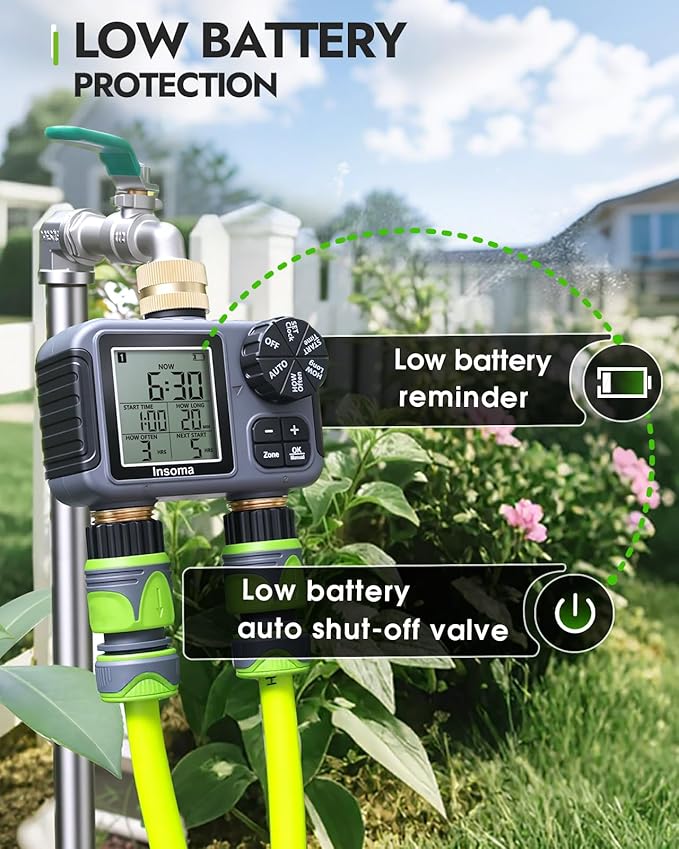 Insoma 2-Zone Sprinkler Timer with Brass Inlet & Outlet, Water Timer for Garden Hose with Auto/Manual/Rain Delay Mode, Big LCD Display, Easy Setup Hose Timers for Lawn, Garden, Vacation Watering