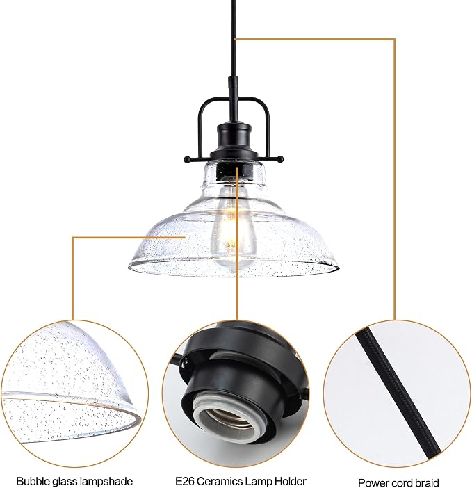 Zlepmlla Glass Pendant Light,Black Pendant Light Fixtures with Seeded Glass Shade, Adjustable Height Hanging Lights for Hallway, Kitchen Island, Dinning Room(Bulb not Included)