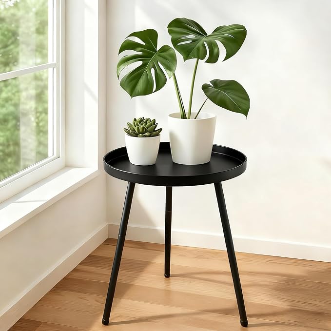 2 Pack Outdoor Side Table, 12.6" Patio Round Tables for Outside Black End Tables Small Coffee Table End Table Modern Metal Porch Plant Stands for Balcony, Indoor, Bedroom, Living Room, Small Spaces