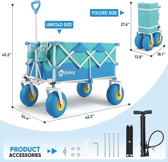 Sekey Heavy Duty Beach Wagon with 9" Big Sand-Proof Wheels โ 600lb Capacity, 200L Oversized Foldable Cart | Adjustable Handle & All-Terrain Tires for Sand, Camping, Groceries