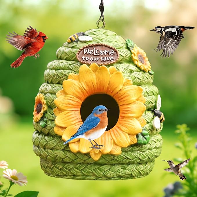 Bird Houses for Outside Green Cottage Resin Birdhouse, Garden Outdoor Decor Bird House with Sunflower and Bees, Birdhouses for Outdoors for Bluebird Finches Cardinals