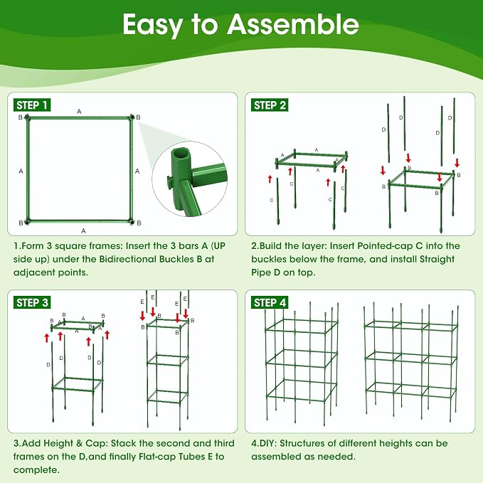 3 Pack Tomato Cages for Garden, Up to 55Inch Square Tomato Plant Cage, Upgraded Octagonal Connector, Heavy Duty Adjustable Tomato Stake Support for Garden Climbing Vegetables Flowers Fruits