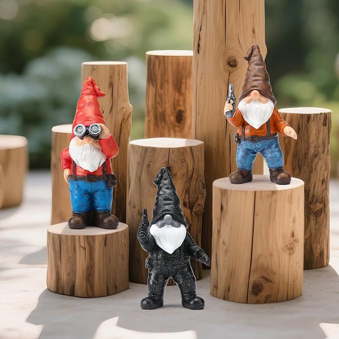 6.8" Funny Garden Gnome Statues with Gun Naughty Black Gnome Mini Gnome Figurine Patio Lawn Yard Decoration for Home Outdoor Christmas Birthday Gardening Gift