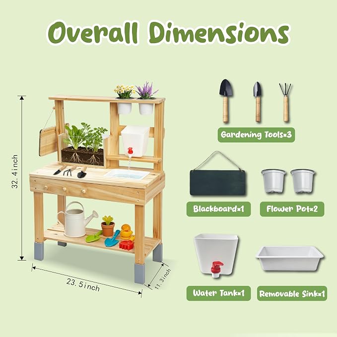 Beipoo Kids Potting Bench with Clearview Planter, Outdoor Mud Kitchen for Kids, Wooden Garden Station with Faucet, Chalkboard, Sink, Plant Pots, Cooking & Planting Toy for Toddler Boys Girls Ages 3+