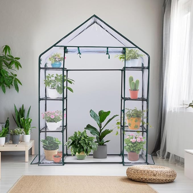 Ohuhu Small Greenhouse for Outdoors: 4 Tiers 6 Shelves Walk-in Indoor Green House Heavy Duty Plant Stands Reinforced Plastic PVC Cover Mini Portable Warm House for Outside, 4.8x2.5x6.4 FT