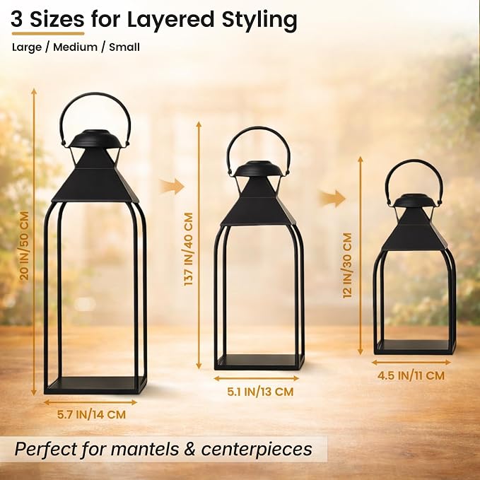 Decorative Metal Lanterns Indoor Outdoor, Set of 3 Farmhouse Lantern Holders Without Candles for Porch, Patio, Fireplace, Floor, Wedding & Holiday Table Centerpiece (Black, 20" 15.7" 12")