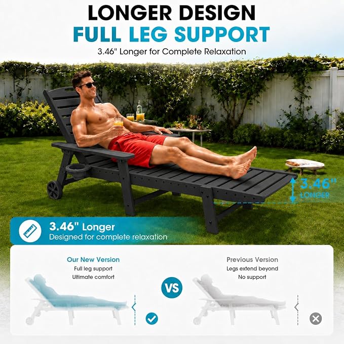 Ciokea Outdoor Chaise Lounge Chair Set of 2, Patio Lounge Chairs for Outside, HDPE Lounge Chairs with Wheels & Cup Holder, Poly Lounge Chair with 5 Position for Poolside, Deck, Black