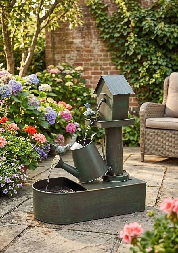 Garden Water Fountain Outdoor, 23" Vintage Waterfall Fountain, Rustic Distressed Green Outdoor Water Fountain with Tilted Watering Can for Yard Patio Decor