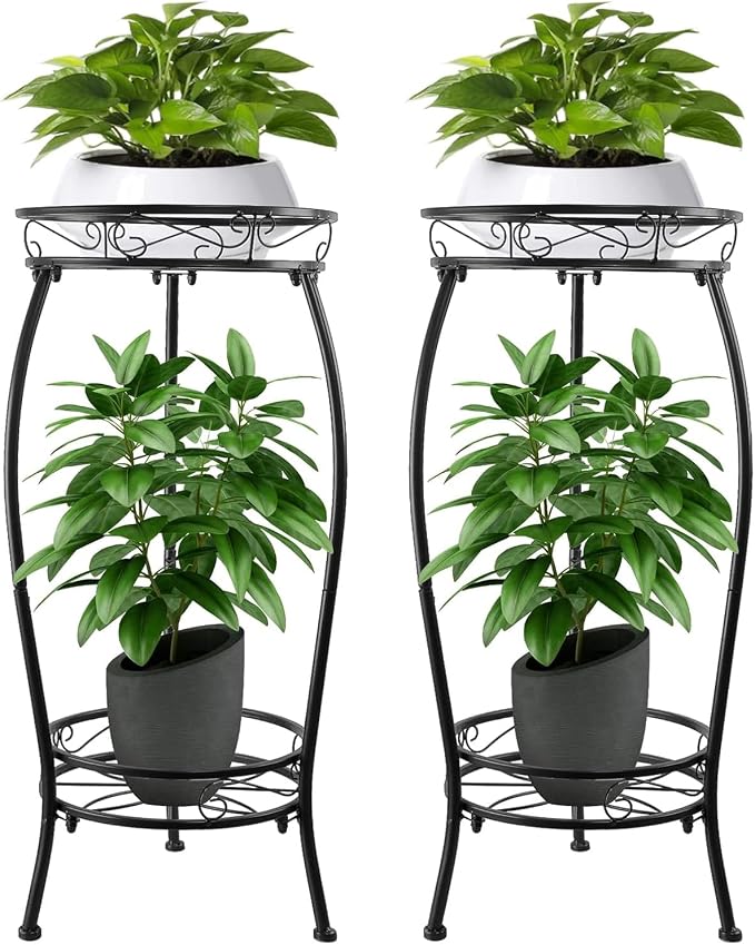 2 Pack 27.1" Tall Plant Stands Indoor Outdoor, 2-Tier Heavy Duty Metal Plant Stand with Rustproof Pot Holder Rack for Patio, Balcony, Garden, Living Room & Corner Decor – Black
