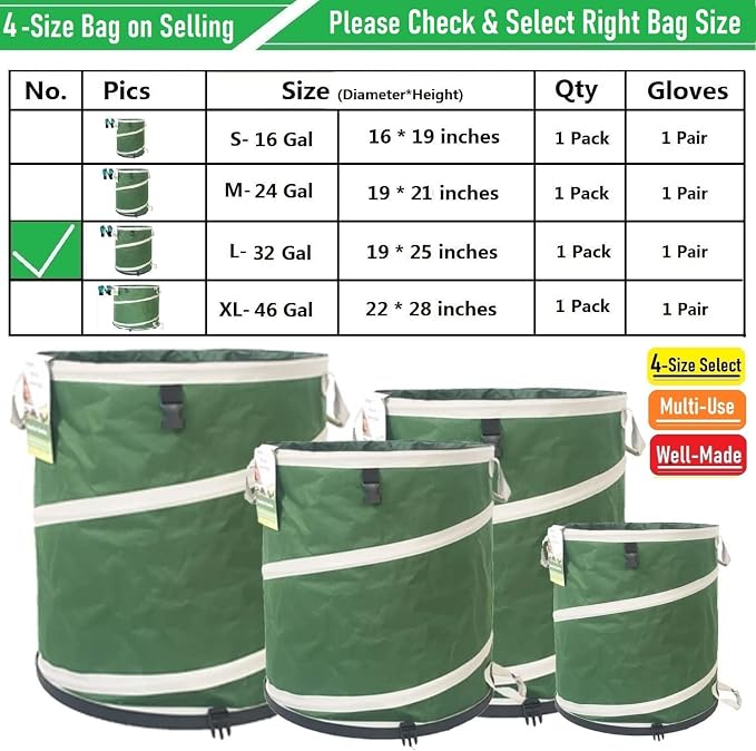 32-Gallon Collapsible Trash Can (19x25 in) Hard-Shell Bottom Leaf Bag,Yard Waste Bag,Garden Debris Container,Pop-Up Recycling Bin,RV Camping Waste Bin,Laundry Hamper,Lawn Grass Clippings,Weeds Basket