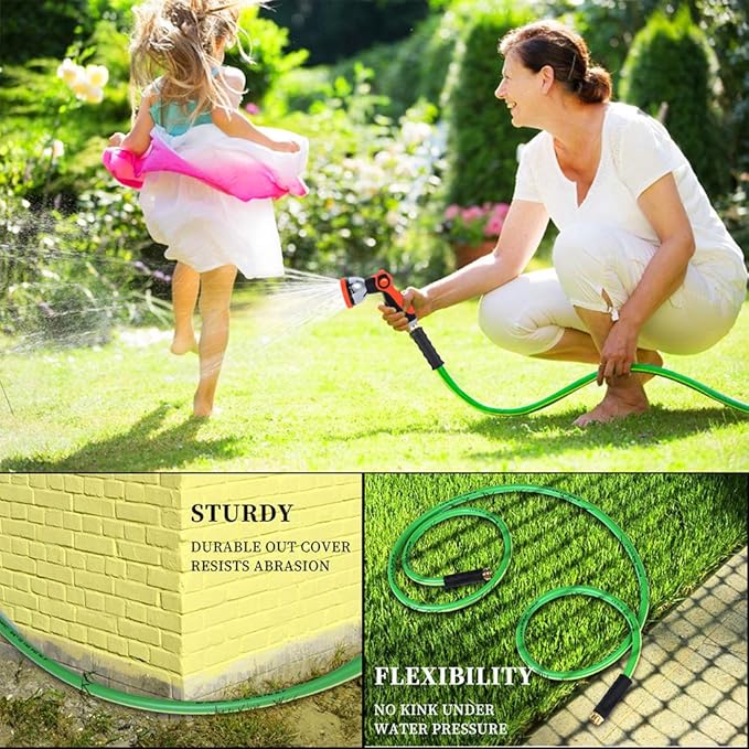 HQMPC Garden Hose Garden Water Hose 50 ft Non Kinking Heavy Water Hose with Brass Hose Fittings (5/8"IDx50'(50 FEET) With 1 Pcs 10 Patterns Hose Nozzle Spray Nozzle