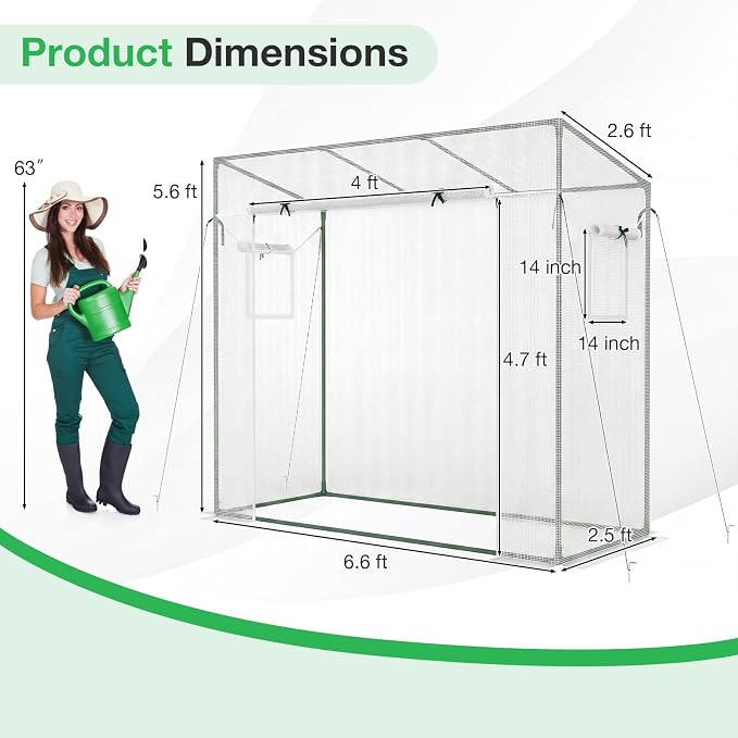 Giantex Walk-in Greenhouse, 4 Ground Stakes & Ropes, Outdoor Portable Mini Greenhouse w/ PE Cover, Heavy-Duty Metal Frame, Roll-up Zipper Door, Double-Layer Screen Windows, 6.6 x 2.5 x 5.6 FT