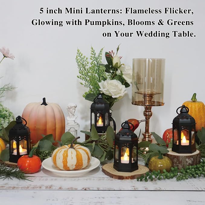 LLQ 12Pcs Mini Lanterns with Flicker LED Candle, Lanterns Decorative Indoor, Lantern Centerpieces for Tables, Vintage Decorative Lantern for Party Ramadan Halloween Christmas Wedding Decorations