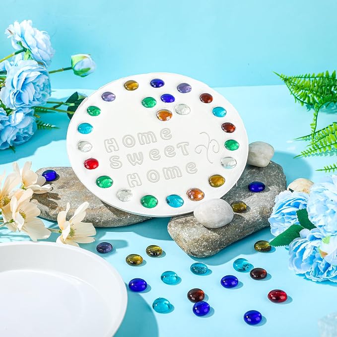 LOYIM 20 Pcs 8 Inch Stepping Stone Kit Include Round Concrete Mold Mosaic Tiles and Letters Numbers Stamps DIY Craft Art Make Your Garden Stepping Stone for Family Outdoor Decorative (No Concrete Mix)