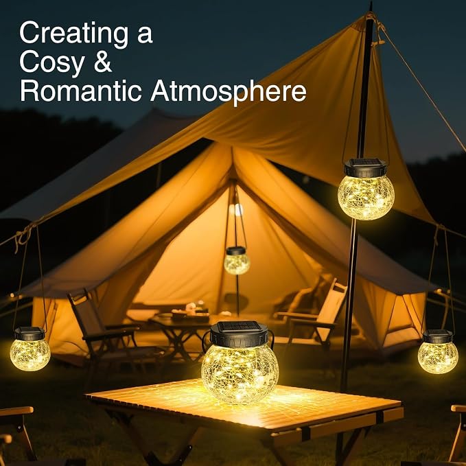 Kolpop 4 Pack Hanging Solar Lights for Outside, Cracked Glass Solar Lanterns Lights Outdoor Waterproof ,30 LED Hanging Globes Lights for Christmas Decoration, Shepherd Hook, Warm White