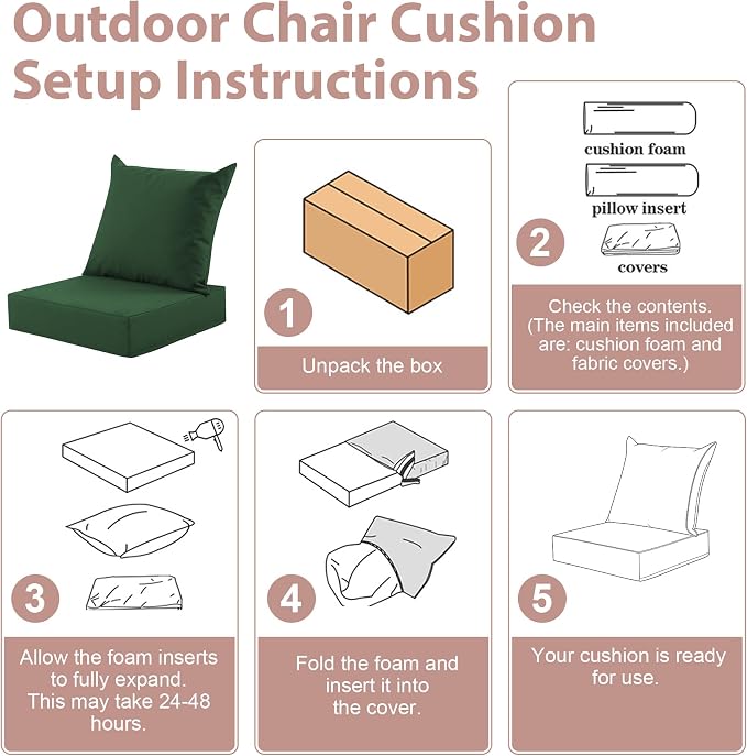 Outdoor Deep Seat Cushion Set, 24x24 Inch Water-Resistant & Fade-Resistant Outdoor Chair Cushions, Patio Furniture Cushions with Removable Cover for Patio Chair, Sofa, Forest Green (Set of 4)