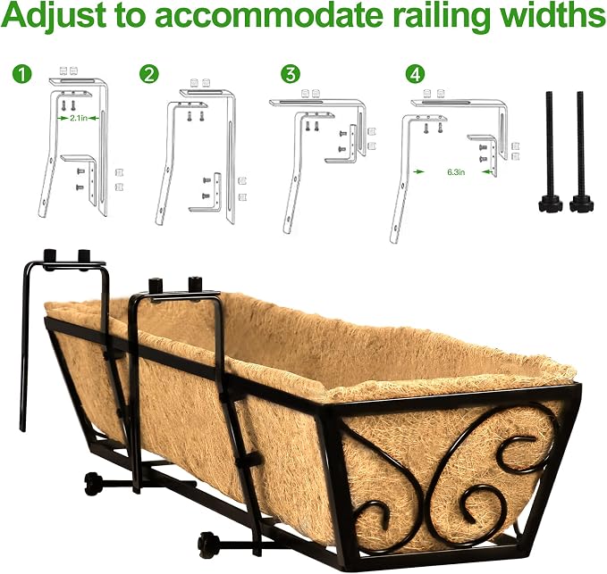 2PCS 30 Inch Railing Planter with Adjustable Brackets, Window Box with Coco Liner, Hanging Flower Box for Balcony Deck Fence, Metal, Black