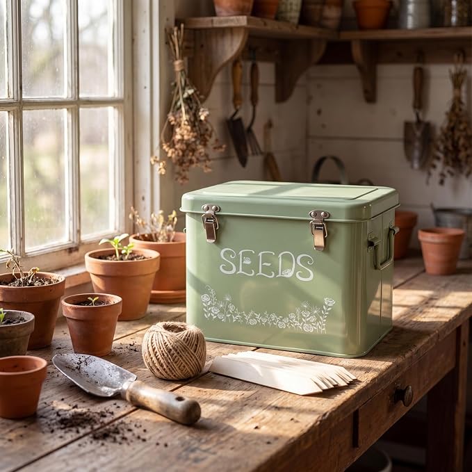 Covzoe Seed Storage Organizer, Metal Seed Saving Box with Garden String and 10 Wood Plant Labels, 3 Compartment Seed Container Bin with Lid and Safety Locks, Perfect for Flower Plants Garden Lover