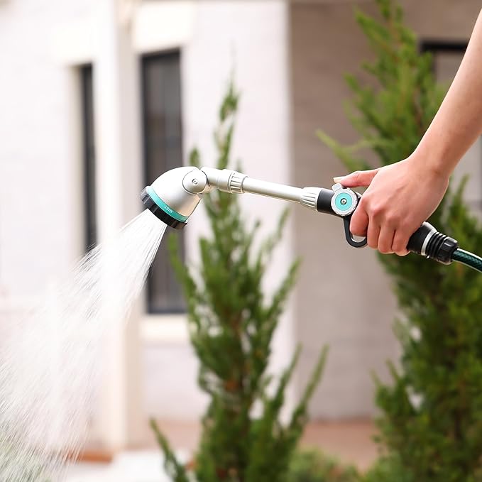 QUOBAS 16" Watering Wand, Heavy Duty Garden Hose Wand with 90°Adjustable Head, Thumb Control & 6 Spray Patterns, Long Reach Hose Nozzle for Hanging Bakets and Shrubs