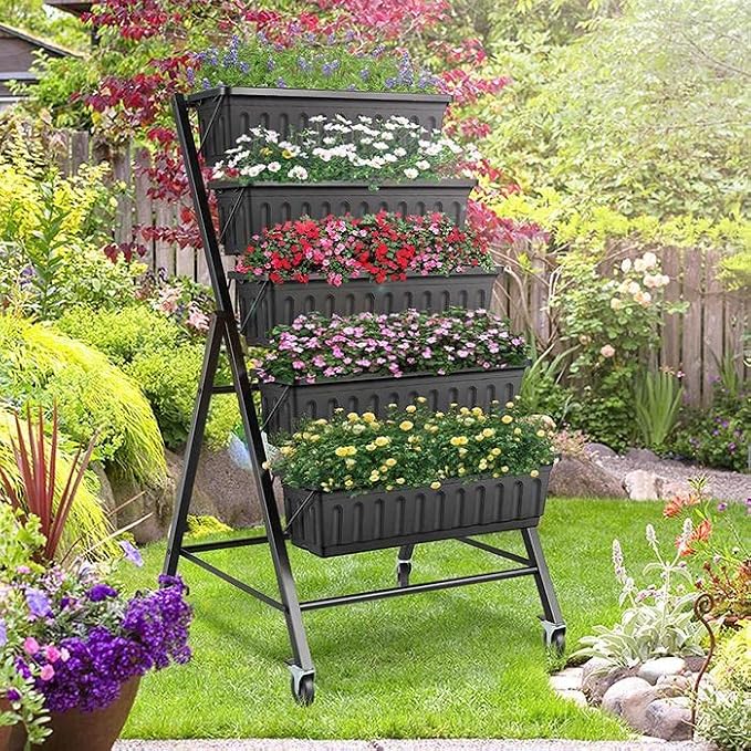 SEJOV 4FT Vertical Raised Garden Bed, 5-Tier Vertical Garden Planter with Drainage System, Larger Elevated Planter Box for Herb Vegetables Flowers Indoor Outdoor Planters (Black with Lockable Wheels)