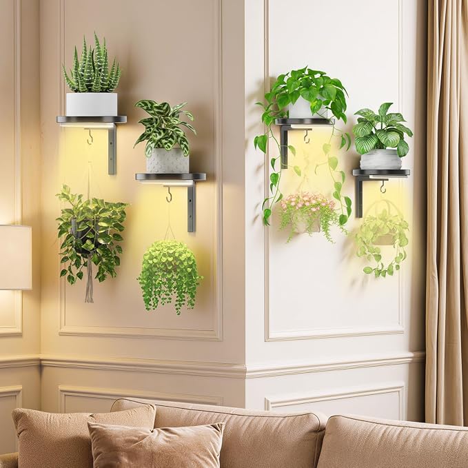 iDavosic.ly Wall Plant Holder with Grow Lights Set of 4 for Indoor Outdoor, Metal Hanger with 2 Hooks, Floating Flower Display Stand for Window, Space Saving & Easy to Assemble (Pots Not Included)