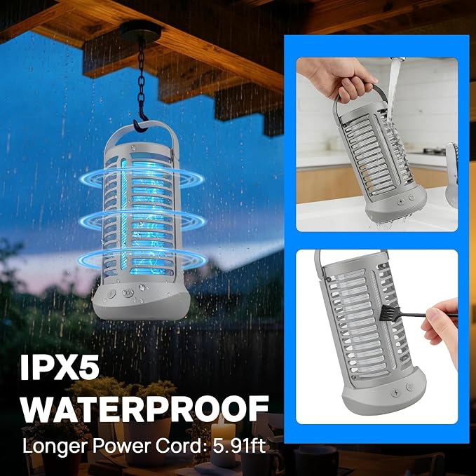 Bug Zapper Outdoor, Mosquito Zapper with LED Light, Rechargerable Mosquito Killer Lamp Fly Zapper Outdoor Indoor, Insect Zapper Electric Fly Traps, Mosquito Killer for Patio Yard Camping(Grey)