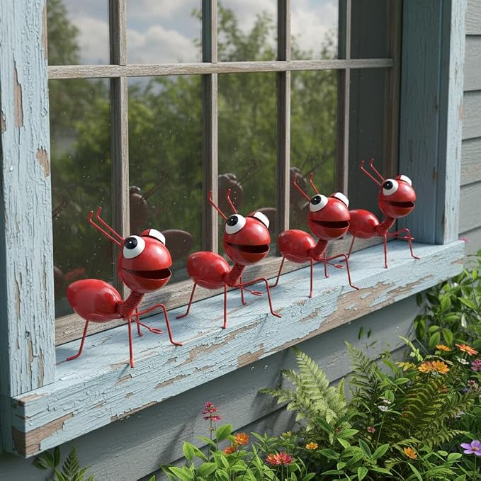 Cruis Cuka Metal Yard Art Garden Decorative Cute Ant Outdoor Wall Sculptures - Set of 4 Red