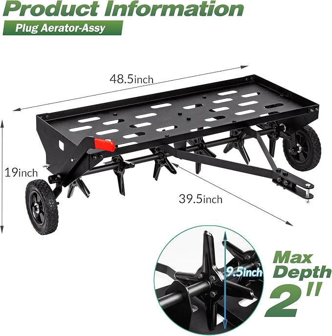 Suchtale 40-Inch Tow Behind Plug Aerator with Universal Hitch, Tow Plug Aerator with Extra-Wide Tow Bar, Durable Lawn Aerator Soil Penetrator Tractor with 24 Coring Plugs for Lawn, Farm and Garden