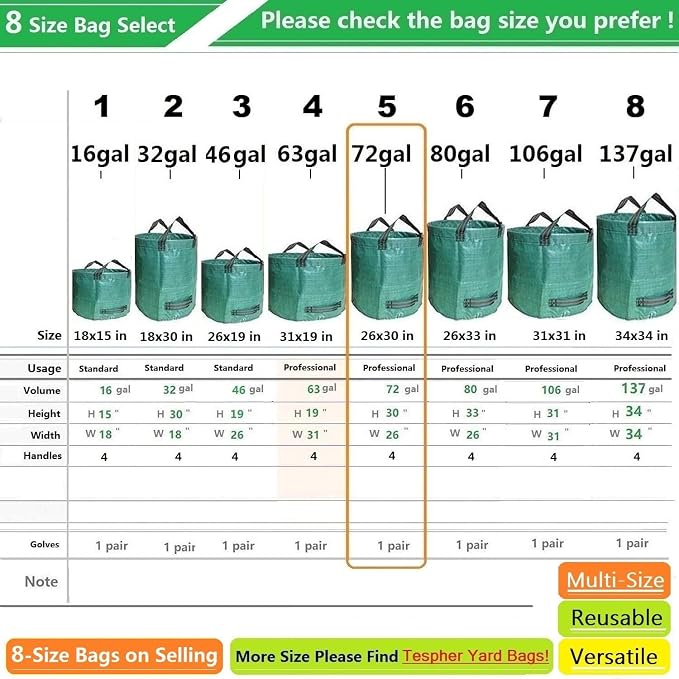 Professional 3-Pack 72 Gallon Big Lawn Garden Bags (D26,H30 in) Reusable Yard Waste Bags with Gardening Gloves for Pruning,Leaf Bag,Yard Debris,Lawn Weeds,Grass Clippings,Hedge Trimmings Bag 4 Handles