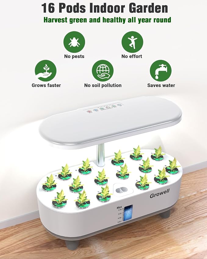 Growell Hydroponics Growing System Kit, 16 Pods Indoor Garden with 28W Full Spectrum LED Grow Light, Auto Timer, 3 Smart Light Modes, 8L Large Herb Garden, Ideal Gardening Gift for Women, Men (White)
