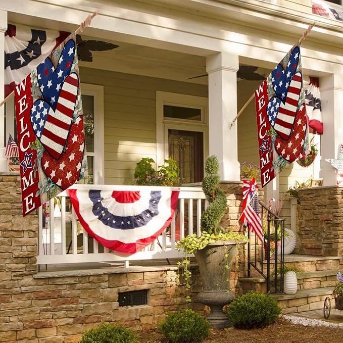 CROWNED BEAUTY 4th of July Patriotic Welcome House Flag 28x40 Inch Double Sided USA Hearts Blue Red Memorial Day Independence Day Outside Yard Party Decoration CF473-40