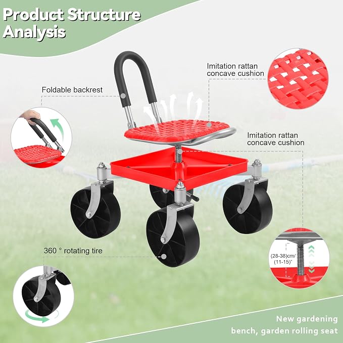 Cuteam Gardening Rolling Seat, Height Adjustable Rolling Garden Cart, 360 Degree Swivel Gardening Stool with Tool Tray, Rolling Work Seat for Gardeners Elderly Seniors (Red)