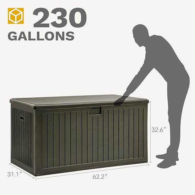DWVO 230 Gallon Resin Outdoor Storage Box, XXL Double-Wall Waterproof Deck Box with Divider, Doubles as Table or Seating with 1000 lbs Capacity, Lockable (Light Brown)