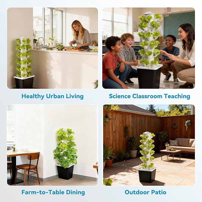 JESLED Hydroponic Tower with 5000K Full-Spectrum Grow Lights, 30 Pods Vertical 6 Tiers Hydroponic Tower, Auto Watering & Lighting for Indoor Herbs, Fruits and Vegetables, High 37"