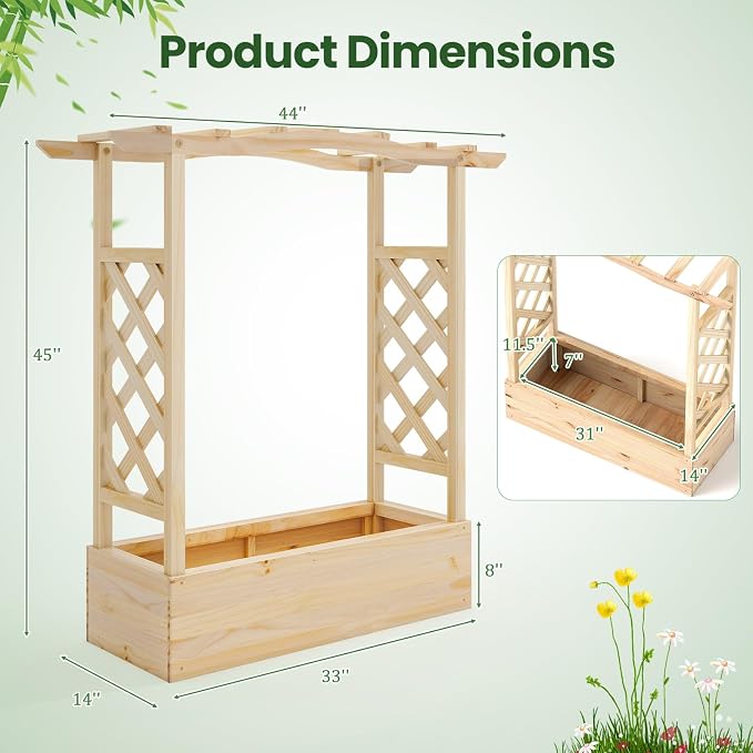 Giantex Raised Garden Bed with Trellis & Hanging Roof, Wooden Elevated Planter Box with Drainage Hole, Freestanding Gardening Planter Raised Bed for Flowers Herbs Climbing Plants Vines, 44”x14”x45”