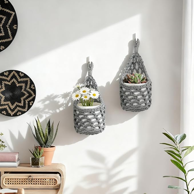 Macrame Wall Plant Hanger, Hanging Planter Basket Holder, Wall Planters for Indoor Plants, for Up to 4 Inch Pot (Grey, 4-Inch)