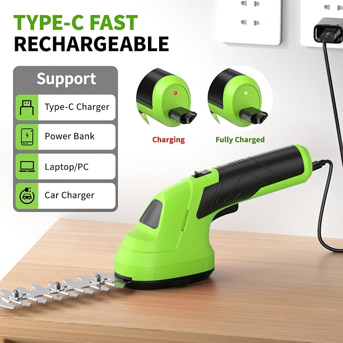 FULLYEA Cordless Hedge Trimmer, 2 in 1 Handheld Cordless Grass Shears with 2.0Ah Battery and Type-C Cable Included, Lightweight Bush Trimmer Grass Cutter for Garden Yard Lawn(Green)