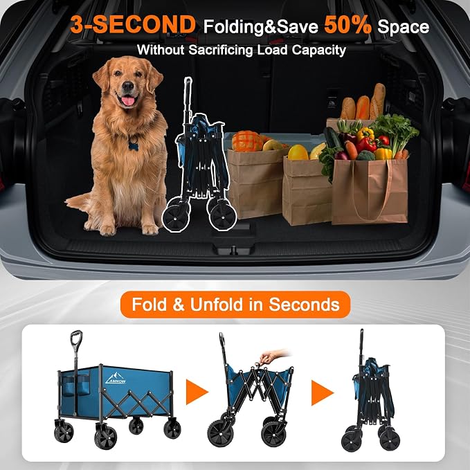 Collapsible Folding Wagon Cart, 350LBS Utility Large Capacity Cart Foldable Wagon with All Terrain Wheels, Grocery Wagons Carts for Garden Shopping Sports Camping, Blue