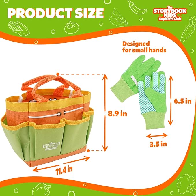 Kids Gardening Set β Toddler Gardening Kit Includes Watering Can for Kids, Shovel, Rake, Plant Stakes, Kids Gardening Gloves, Tote Bag & STEM Learning Gardening Guide Book - Garden Tool Set Green