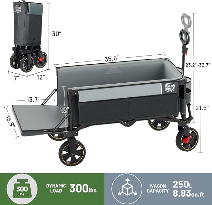 Timber Ridge 49" Extra Long Collapsible Folding Wagon with Tailgate and Brakes, 300lbs Heavy Duty Foldable Wagon with Adjustable Handle, 250L Capacity Portable Cart for Outdoor Camping Sports, Grey