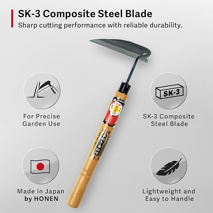 Lightweight Japanese Weeding Sickle, HOUNEN Thin Blade Precision Garden Tool with SK-3 Steel for Surface Weeding and Fine Garden Work