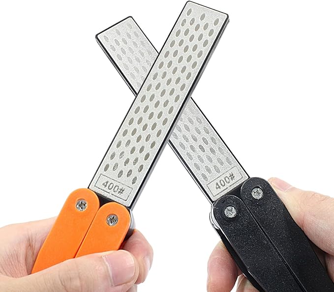 2 Pack Double-Sided Diamond Knife Sharpener Portable Folding Pocket Sharpening Stone 400/600 Grit for Garden Tools, Kitchen Knives, Outdoor Camping