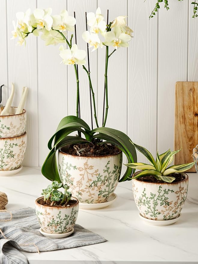 Ceramic Plant Pots, 4.8 Inch Succulent Pots, Planters with Drainage and Attached Saucer Set of 4, Vintage Floral Flower Pots for Home Decor, Plant Lover Gifts