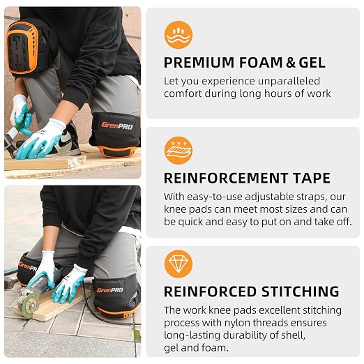 GRENPRO Professional Knee Pads for Work,Heavy Duty Thick Foam Knee Pads Tools,Knee Pad with Soft Gel Cushion for Construction,Work,Flooring,Gardening,Cleaning,Tiling,Orange