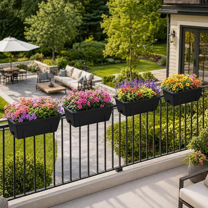 CADUKE Railing Planter Box 4 Pack Window Boxes Planter with Adjustable Brackets 16.9 Inches Deck Railing Hanging Flower Boxes Black Balcony Planters Fence Hanging Planters for Outdoor