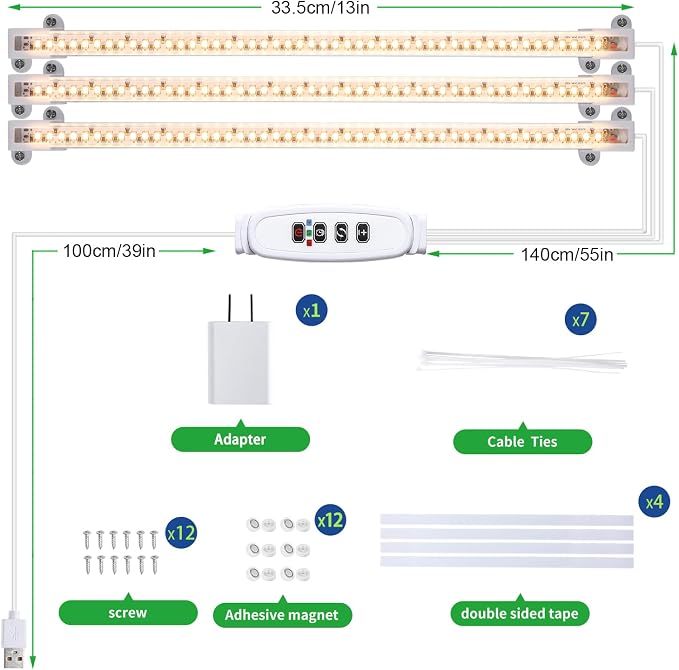 RWNTAO LED Grow Light Strips, Full Spectrum Plant Growing Lights for Indoor Plants 3500K, 144 LEDs Plant Lamp with 3/9/12H Timer, 10 Dimmable Levels, 3 Head 13 Inches