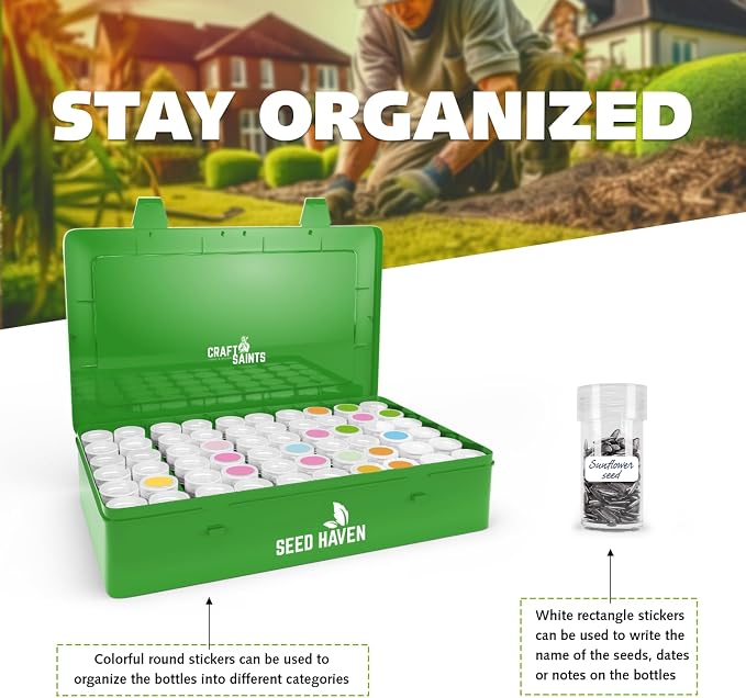 Seed Organizer Storage Box, Green Opaque Light Proof Seed Bank with 60 Transparent Bottles & Labels, Seed Holder Packet Organizer, Seed Vault Container for Homesteaders, Garden Tackle and Bead Sorter