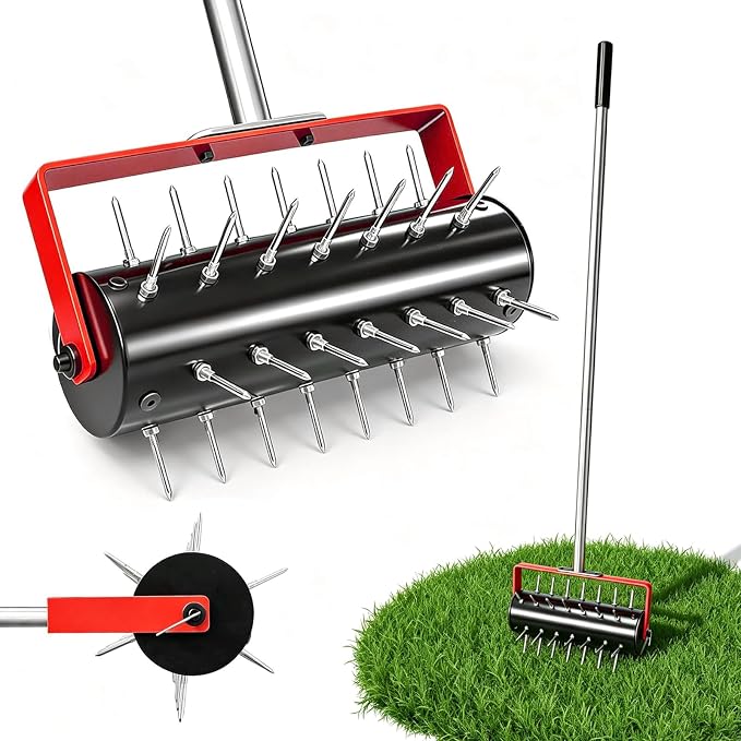 Rolling Lawn Aerator Tool Heavy Duty Manual Push Aerator Lawn Tool with 42 Spikes Lawn Aerator Spike Tool Soil Penetrator Push Lawn Aeration (70in)