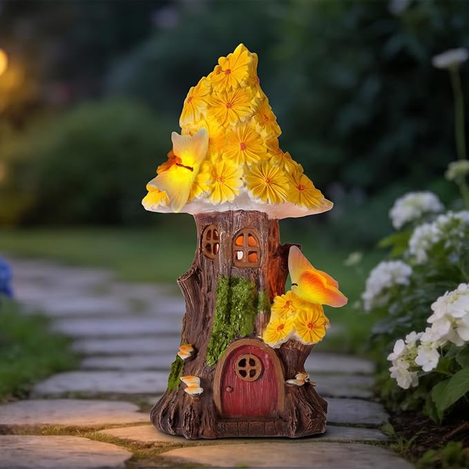 Fairy Garden House, Solar Fairy House for Outside Decor, Mushroom Outdoor Garden Statues for Yard, Lawn, Balcony Patio, Outdoor Figurine Lights Gifts for Mom Women